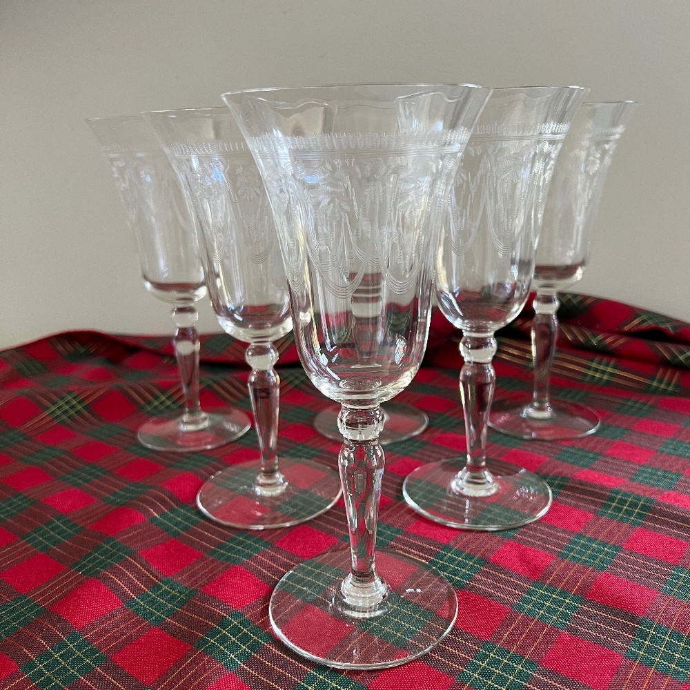 Stunning!  6 Vintage Needle Etched Stems